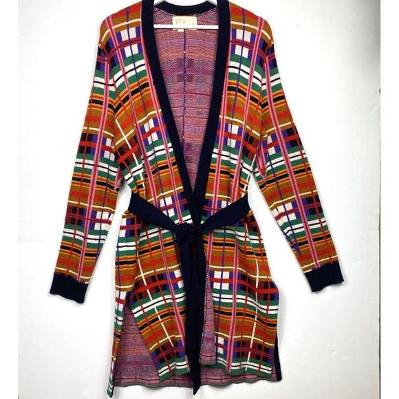 Moth Anthropologie Plaid Belted Open Knit Cardigan Sweater Multicolor Size L - Picture 3 of 10